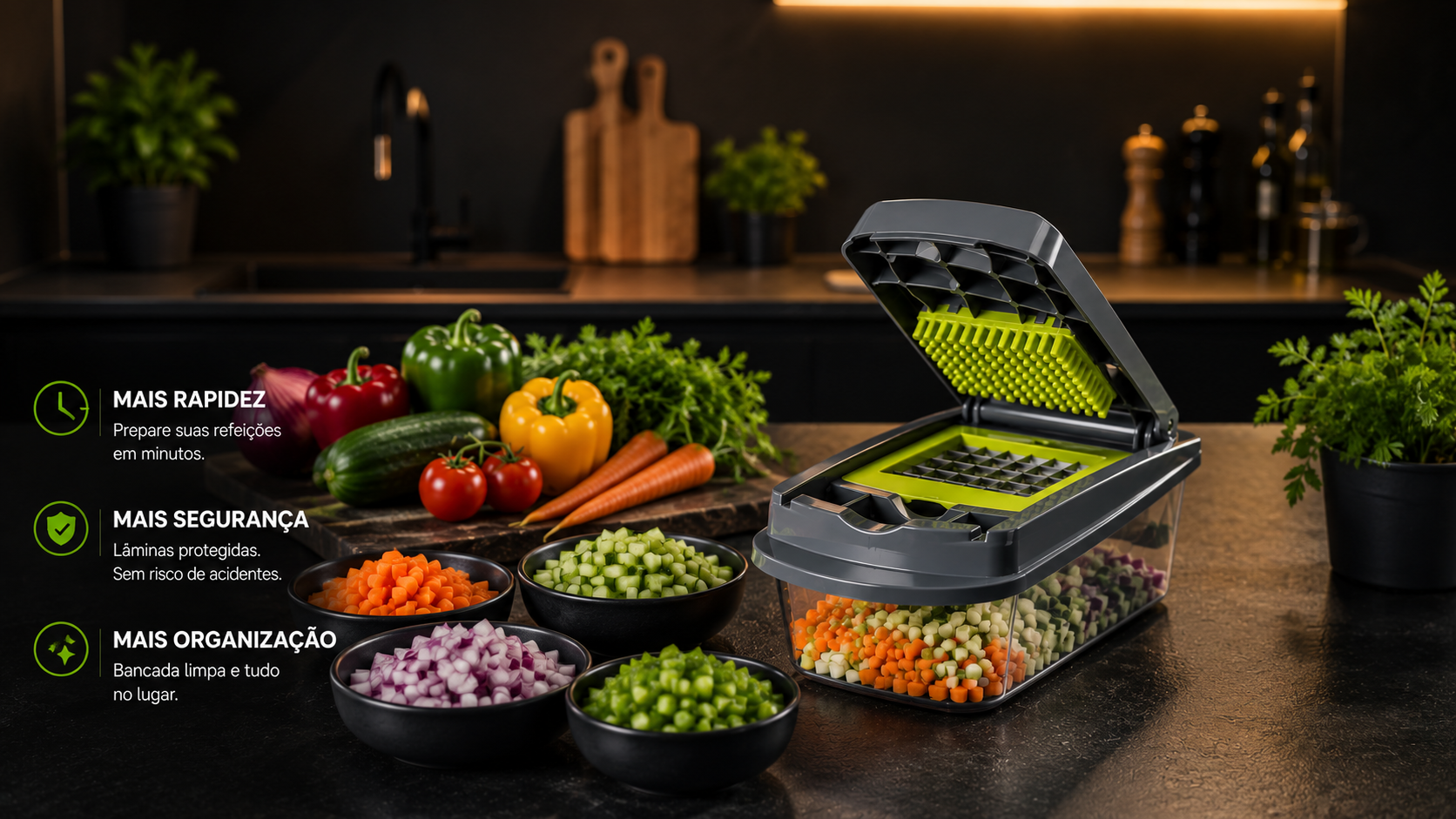 Cortador de legumes multifuncional com legumes cortados de forma uniforme