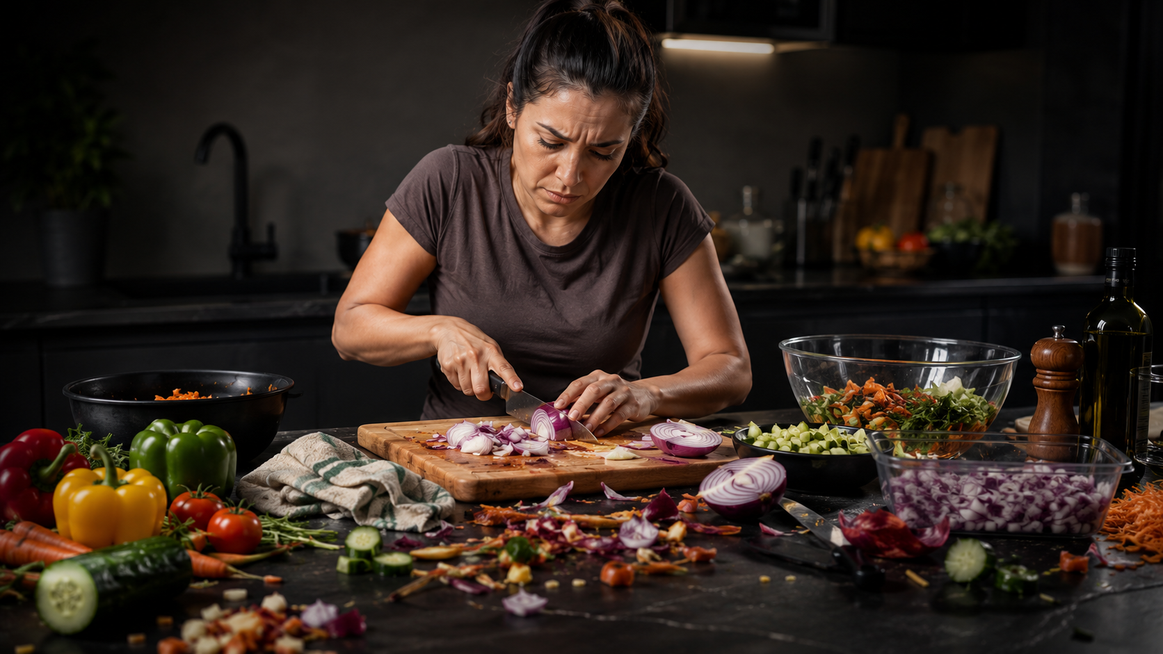 Mulher cansada a cortar legumes lentamente com faca